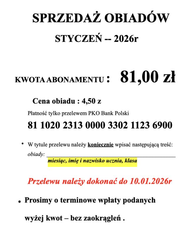 Opłaty za obiady w miesiącu styczniu